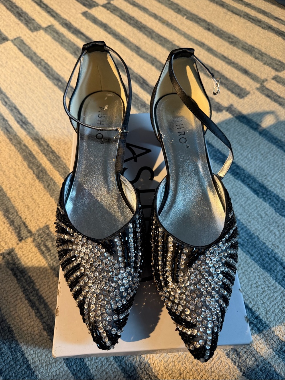 Ashro Black Crystal-Embellished Pointed Slingback Heels